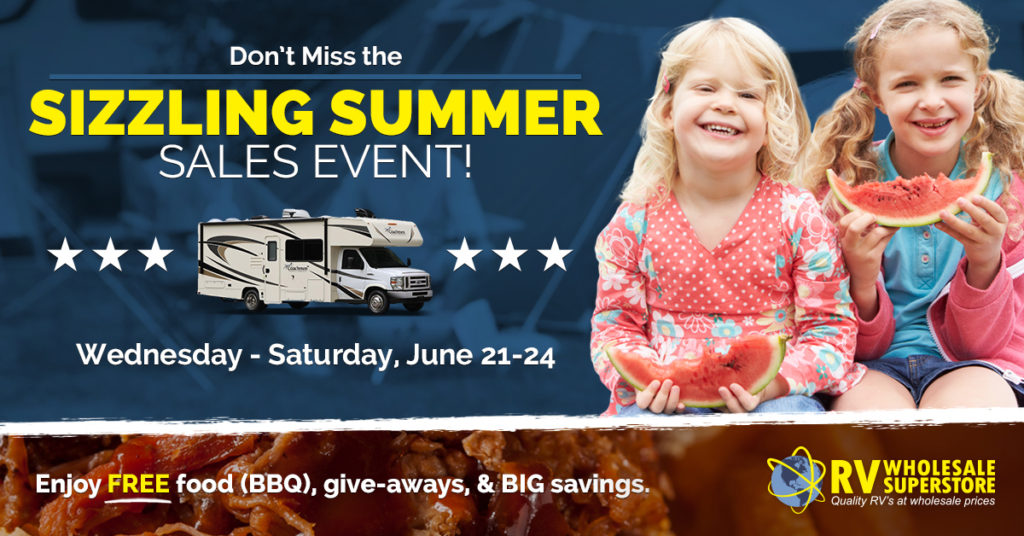 RV Sales Event flyer with two girls eating watermelon