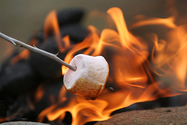 A camper roasting a marshmallow over a campfire is dispersed camping tips